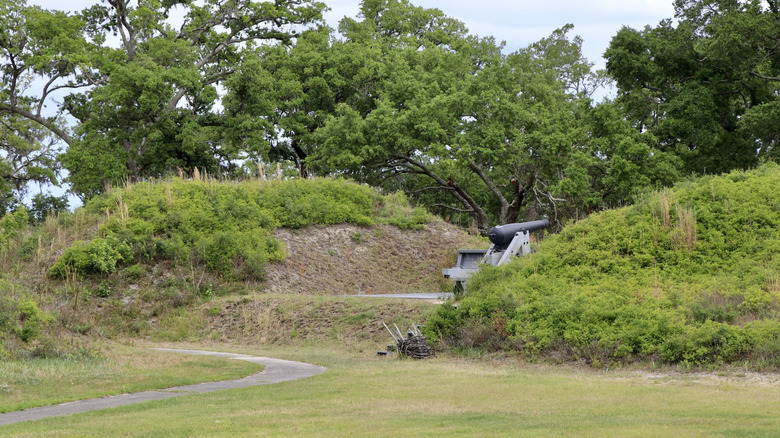 Small mounds and a cannon at Brunswick Town/Fort Anderson in North Carolina