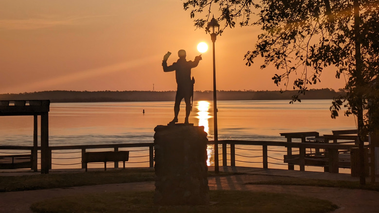 Statue of Otway Burns at Bicentennial Park at sunset