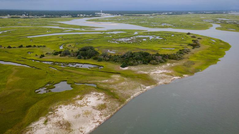 Aerial view of the beaches and intracoastal waterways near Swansboro