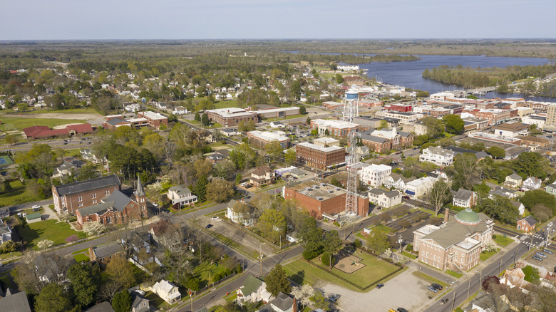 Aerial view of Elizabeth City, North Carolina on a sunny day