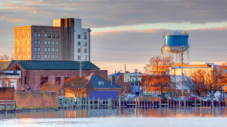 Waterfront and downtown of Elizabeth City, North Carolina on a fall day