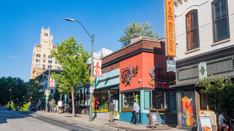 People walking along a street in downtown Asheville, North Carolina