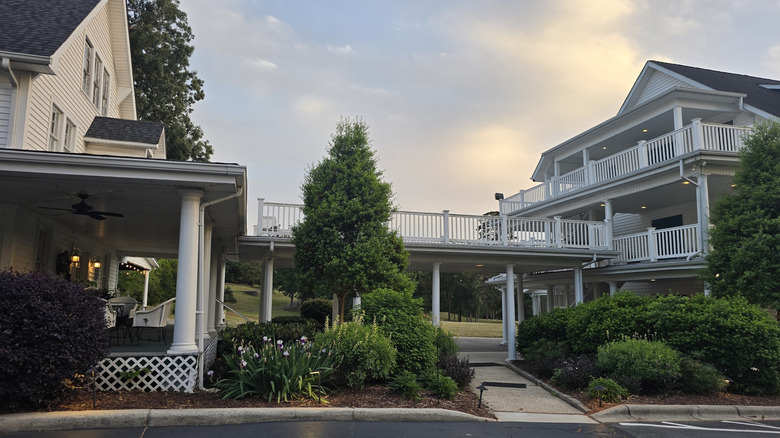 Exterior of the 1913 Badin Inn in Badin, North Carolina during sunset
