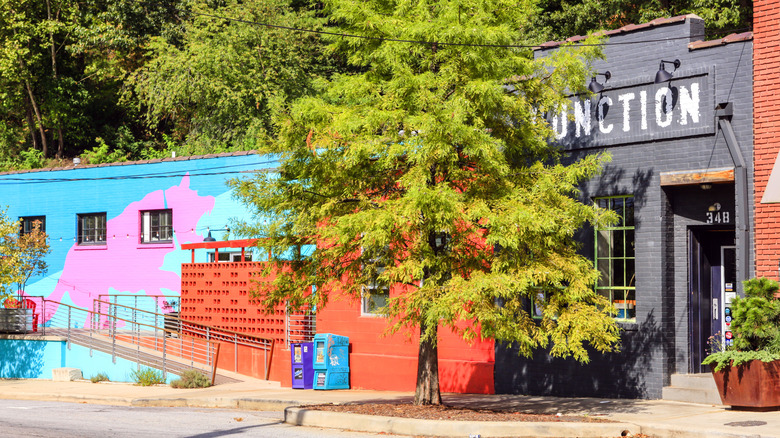 Brightly painted former warehouses in the River Arts District