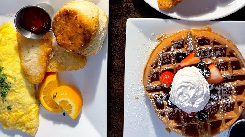The food at Carolina Coffee Shop, a waffle and an omelet.