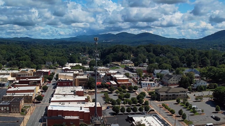 Aerial shot of downtown Lenoir, North Carolina in the Blue Ridge Mountains foothills