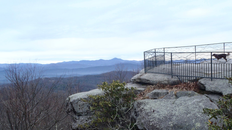 Views of mountains and forested valleys from the lookout at Jump Off Rock, North Carolina