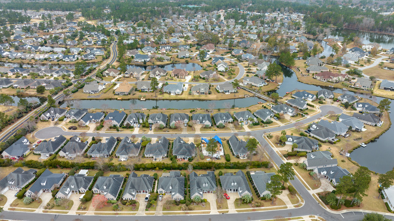 Aerial view of homes along canals in Leland