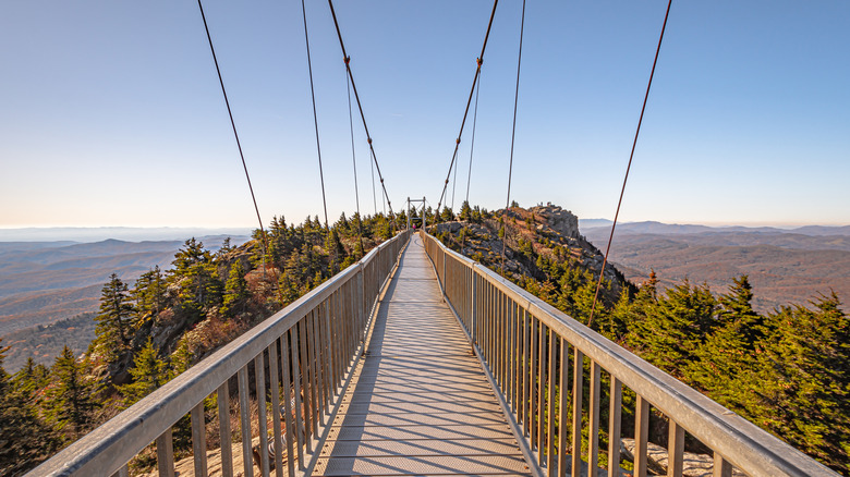 View of Mile High Swinging Bridge at Grandfather Mountain State Park in North Carolina.