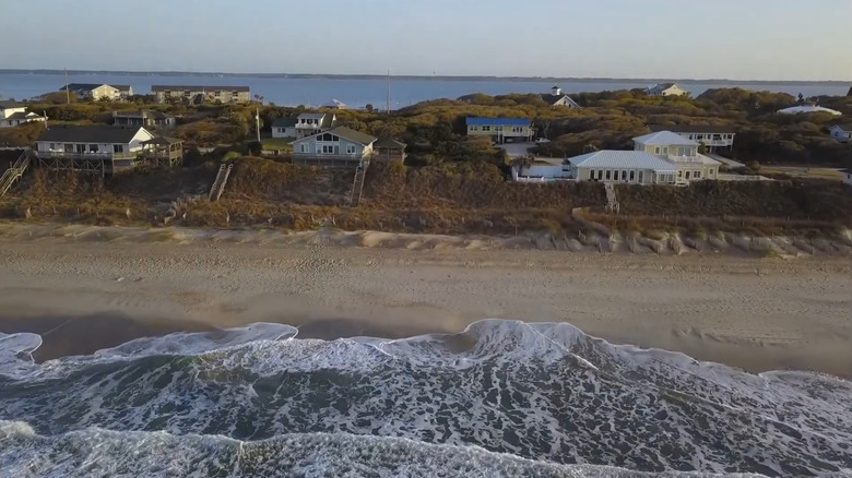Drone shot of the beachfront in Salter Path