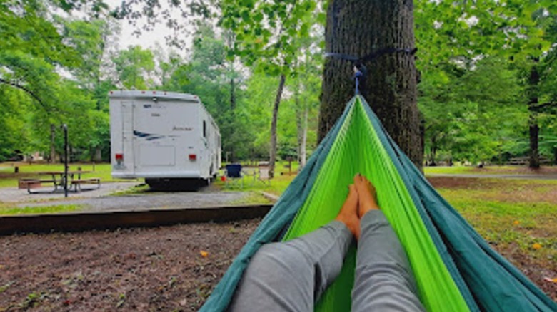hammock and RV at Tsali Campground campsite in Nantahala National Forest