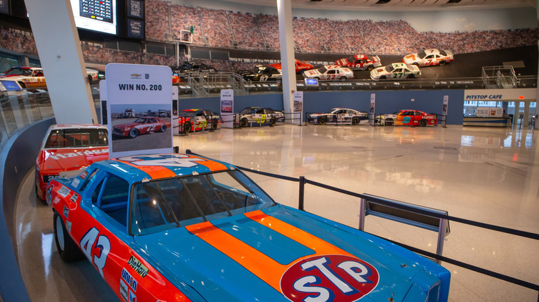 Racing cars displayed at the NASCAR Hall of Fame