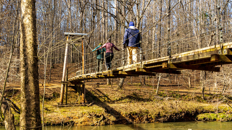 Hikers walking across the suspension bridge over the Eno River in Eno River State Park in North Carolina
