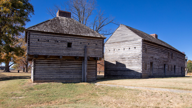 Wooden buildings at Fort Dobbs in Statesville, North Carolina