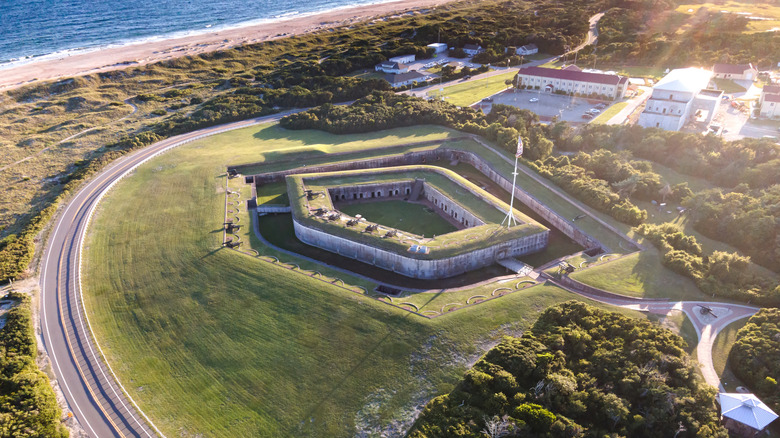 Aerial view of Fort Macon and Atlantic Beach at sunset