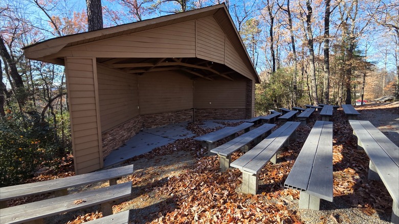 The amphitheater with wooden benches and fallen autumn leaves at Rendezvous Mountain State Park, North Carolina