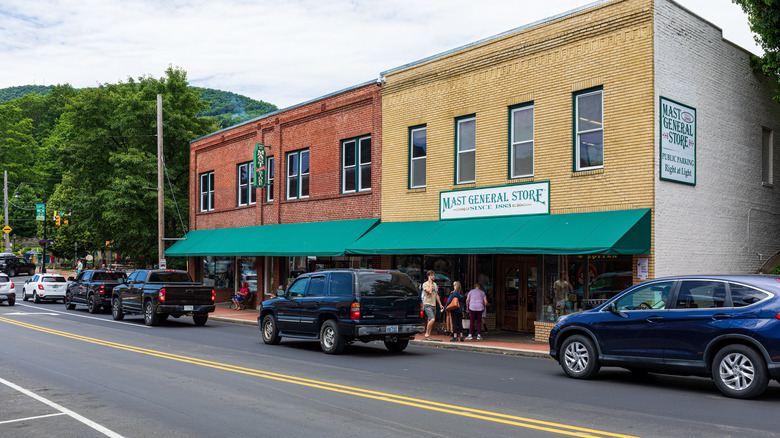 The colorful facade of main street buildings in downtown Boone, North Carolina
