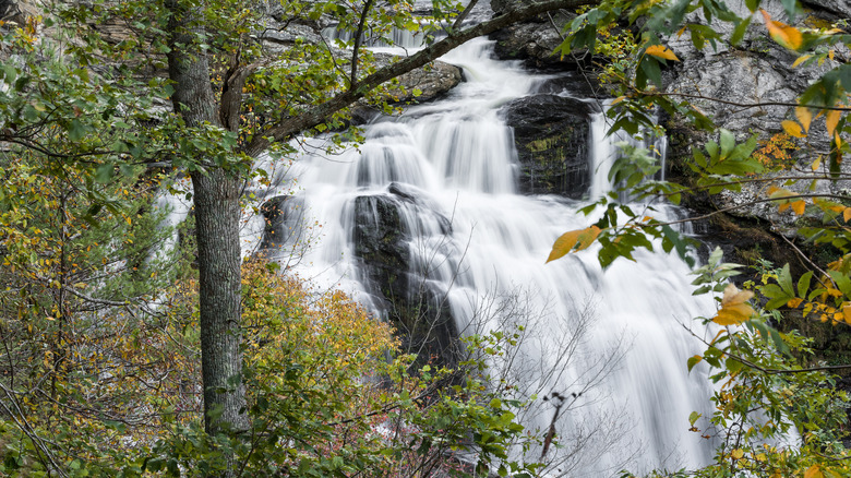 Cullasaja falls cascading down a cliff face in North Carolina