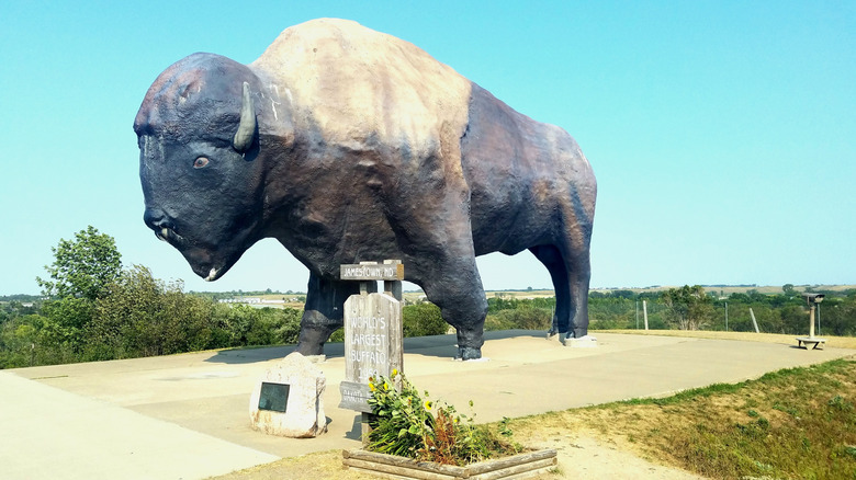 A side view of the World's Largest Buffalo Monument in North Dakota