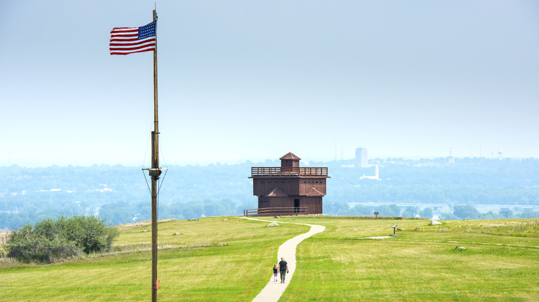 Walking path leads to a blockhouse in Fort Abraham Lincoln State Park in North Dakota