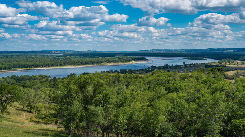 An aerial view of the Missouri River Valley in Fort Ransom State Park