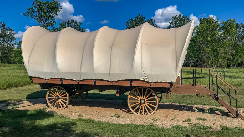White covered wagon accommodation at Fort Ransom State Park