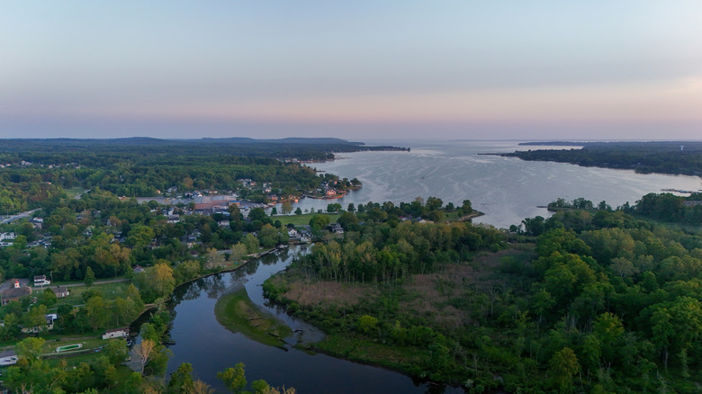 Aerial view of the town of North East on the North East River with calm water, lush trees, and waterfront buildings.