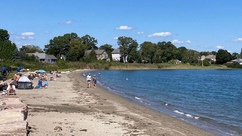 People sunbathing and paddling on North Kingstown Town Beach, with trees and houses in the background