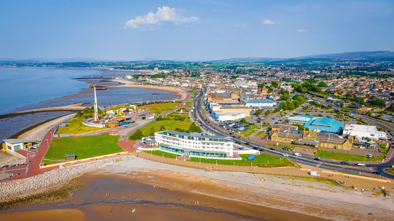 Aerial view of Morecambe along the coast of Morecambe Bay, England