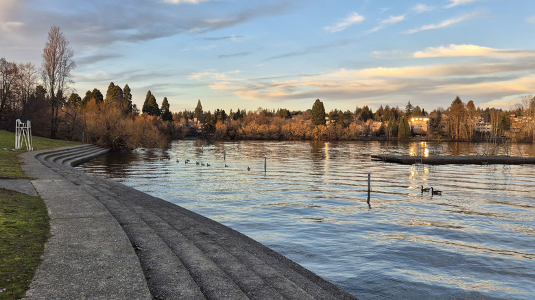 A view across the water in Green Lake Park in the Green Lake neighborhood of Seattle, Washington