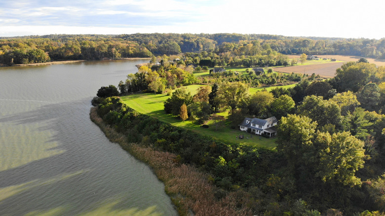 Aerial view of the green lawns and stately homes over Curriomon Bay in Montross, Virginia