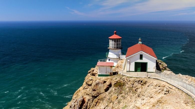 Point Reyes Lighthouse on a cliff with views of the Pacific Ocean in California