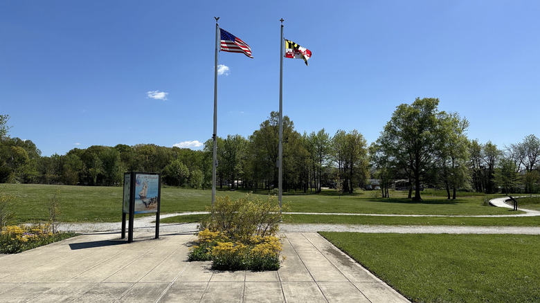 This is a picture of the flags and main area at North Point Battlefield State Park