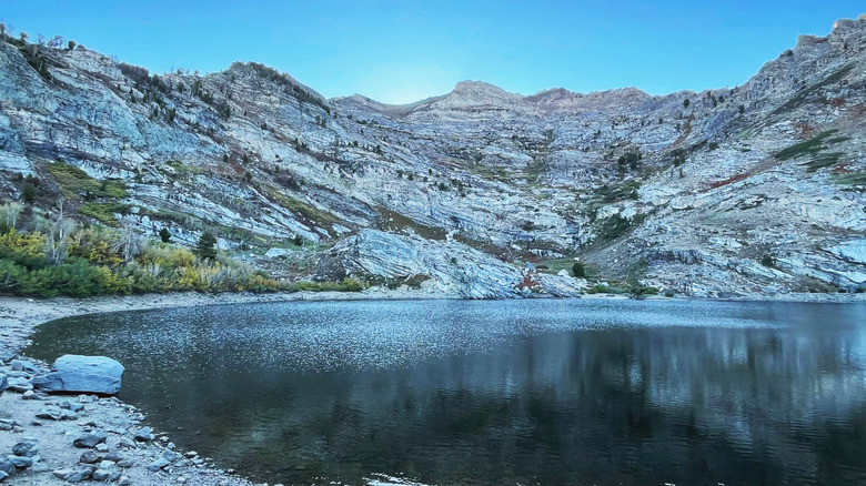 Rocky hills and lake near Wells, Nevada.