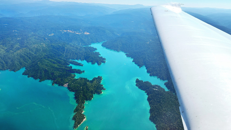 Aerial view of the New Bullards Bar Reservoir and Tahoe National Forest in California