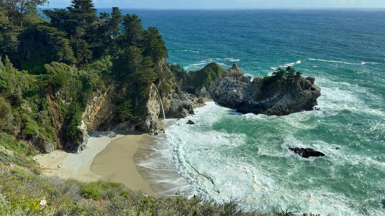 Aerial view of McWay Falls at Julia Pfeiffer Burns State Park in northern California.
