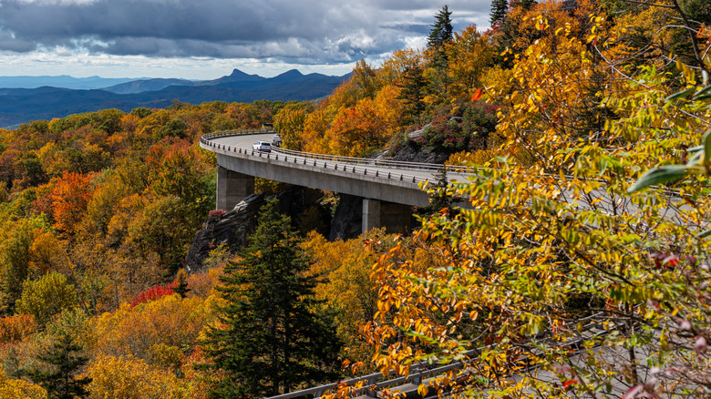 A car on the Blue Ridge Parkway surrounded by fall foliage