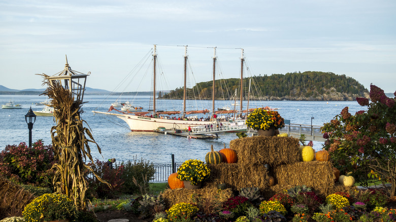 Fall decorations and colors in a park overlooking boats in the bay at Bar Harbor, Maine.