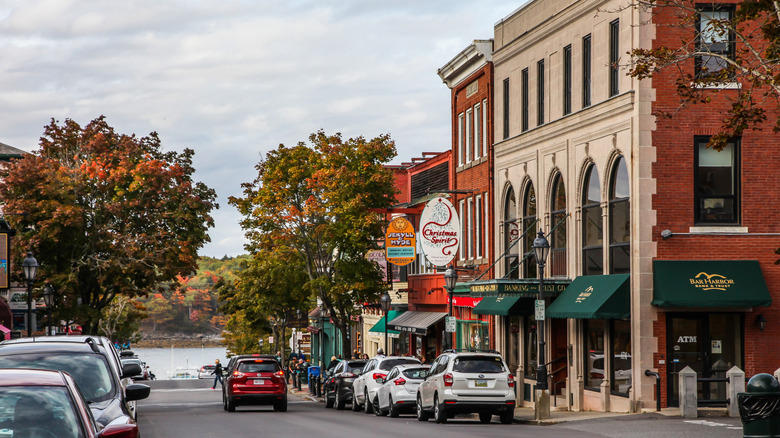 Maine's Bar Harbor Main Street during fall.