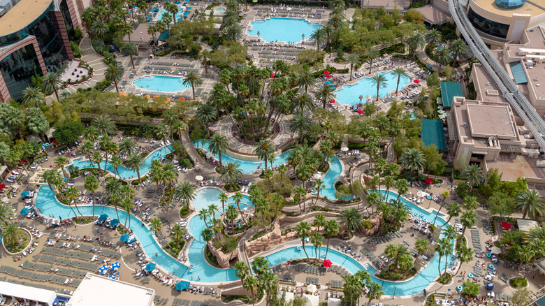 A drone view of the massive pool complex at MGM Grand in Las Vegas
