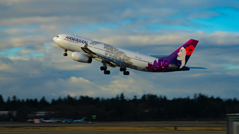 Hawaiian Airlines plane just after takeoff