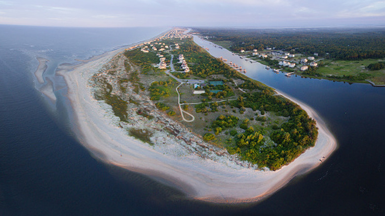 An aerial image of Holden Beach, NC