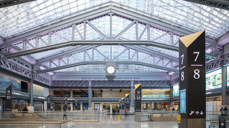 Interior view of Moynihan Train Hall at Penn Station, one of the busiest rail hubs in the world, located in midtown Manhattan in New York City