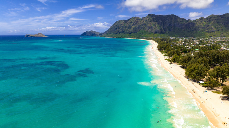 Aerial view of Waimanalo Beach on Oahu Hawaii