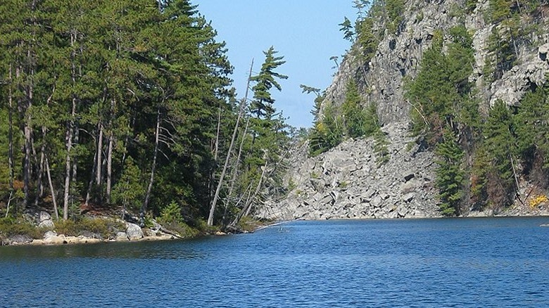 A canoe in a river taken from POV of person in the canoe