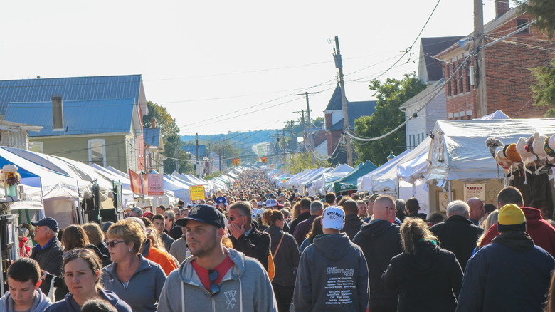 Crowd and tented booths stretching into the distance at the Sauerkraut Festival in Waynesville, Ohio