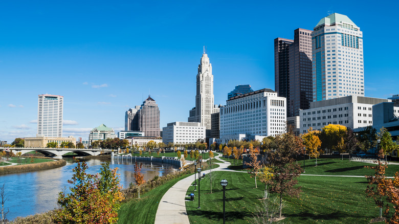 Downtown Columbus and the Scioto Mile looking north into the city