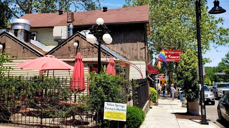 The facade of Ye Olde Trail Tavern in downtown Yellow Springs, Ohio on a sunny day