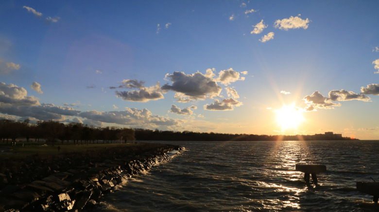 Sunset over the beach at Cleveland's Edgewater Park, Ohio