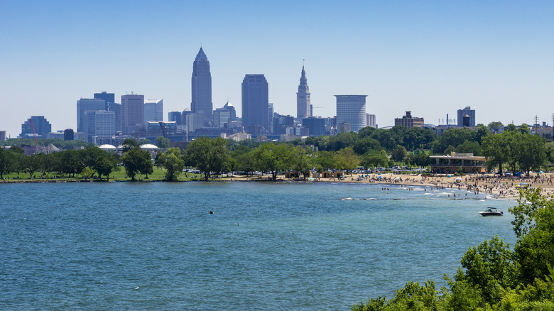 Swimmers at the Edgewater Park beach in Cleveland, Ohio